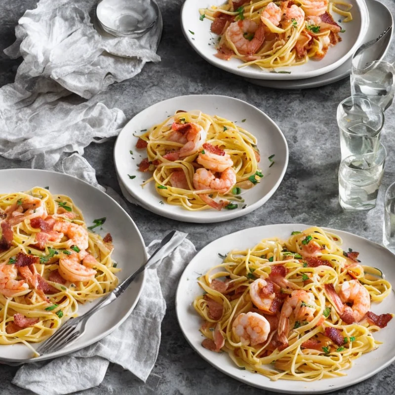 Pasta med store rejer og bacon