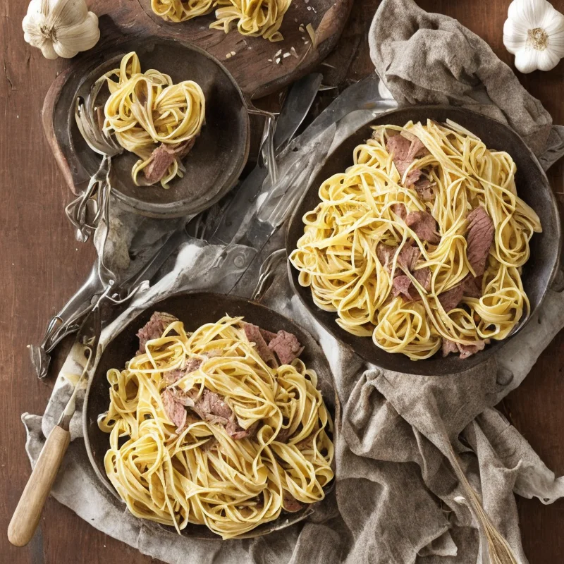 Pasta med hvidløg og roastbeef