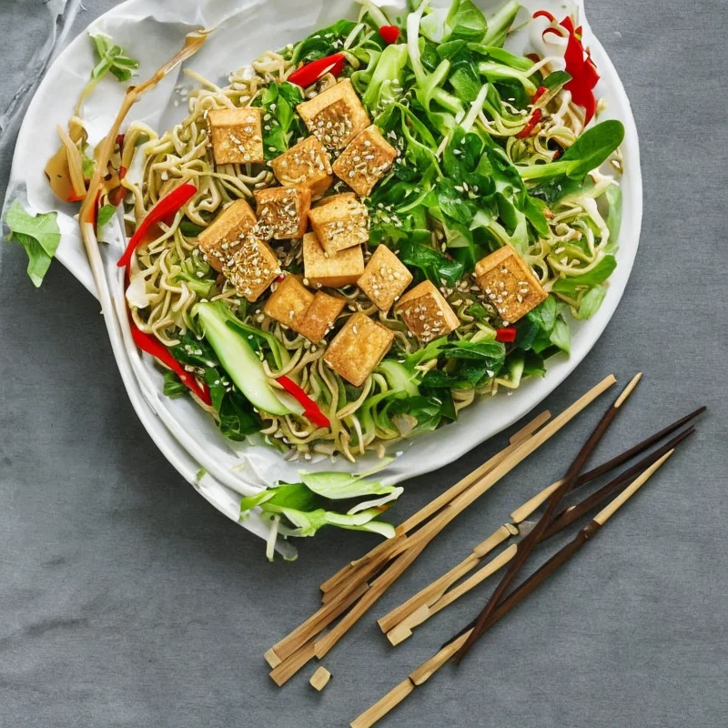 Salat med nudler, friteret tofu og sesamdressing