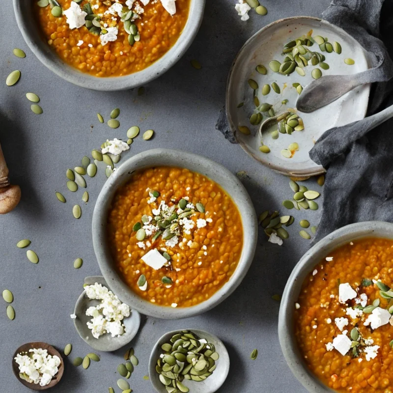 Rød linsesuppe med feta og græskarkerner