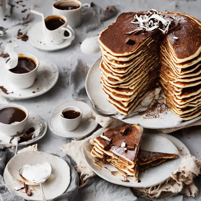 Tykke pandekager med kokos, kaffe og chokolade