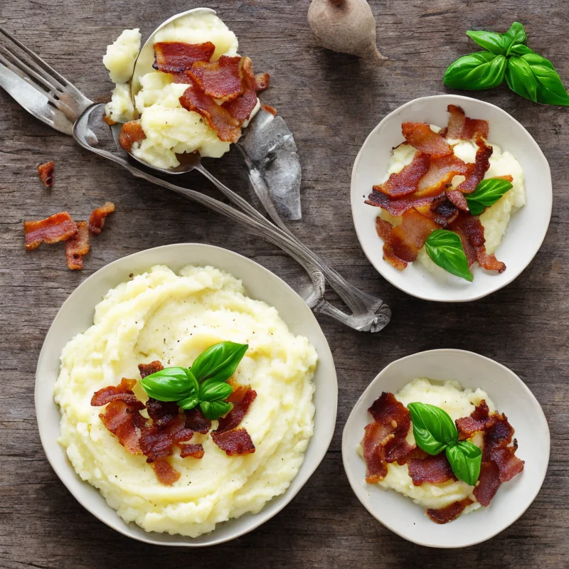 Kartoffelmos med ristet bacon og frisk basilikum