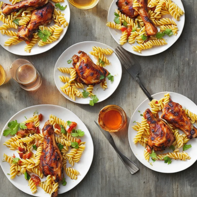 Barbecuekyllingelår med pastasalat - Illustration - kan være AI genereret og afvige fra opskriften
